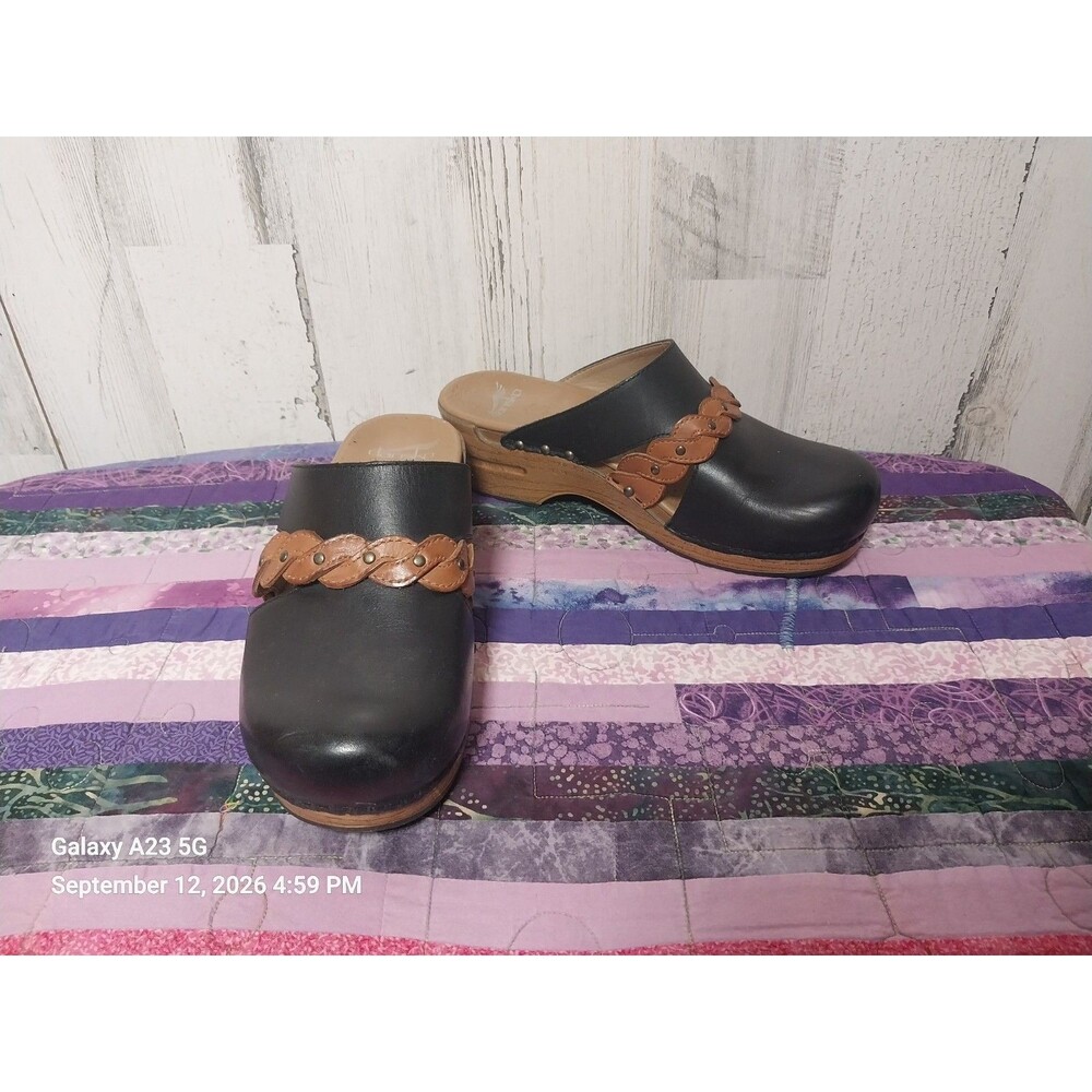 Dansko Sherise Heritage Braided Cutout Mule Clog Black Brown Leather Sz 39 8.5